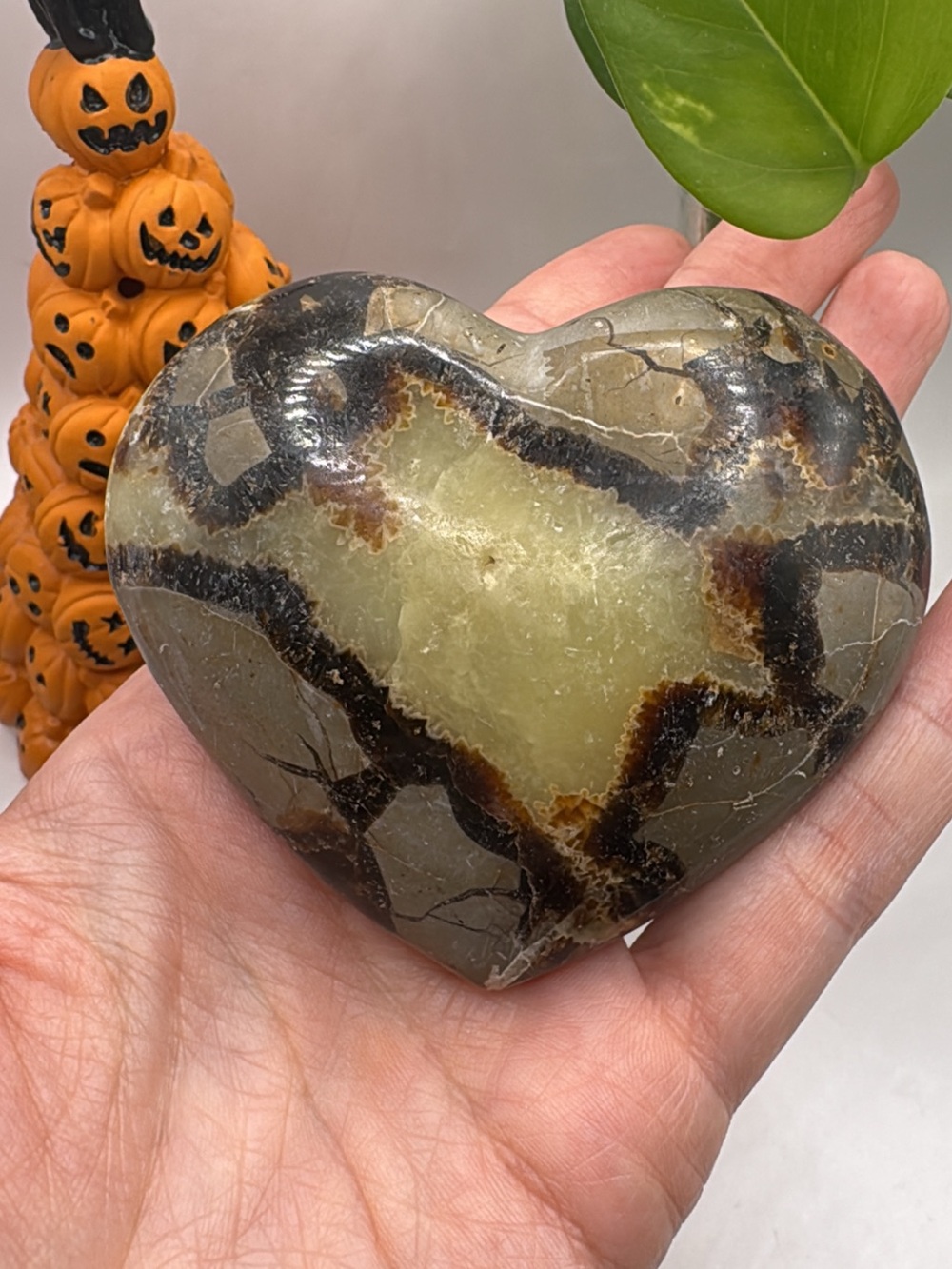 Natural Septarian Heart Stone - Polished Green and Brown Crystal